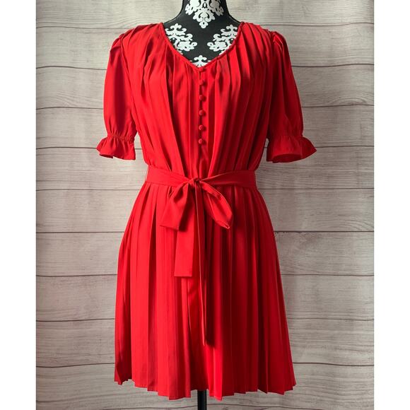 Jodifl Red Pleated Dress with Tie Belt Button Detail Ruffle Sleeves Size Small - Picture 1 of 16